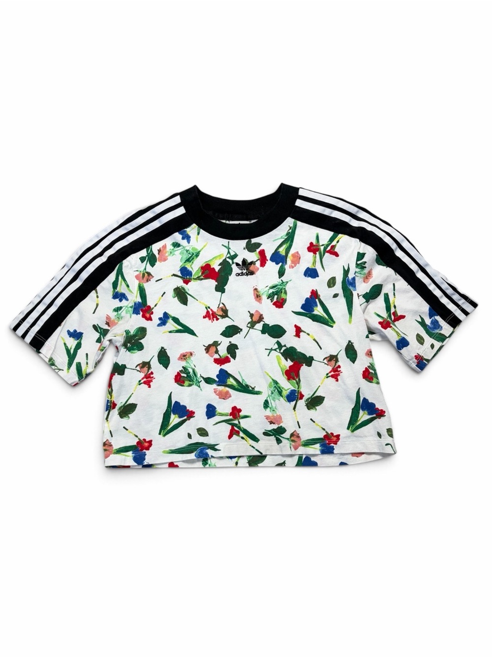 Adidas Originals Floral Crop Top XS White Cotton Trefoil 3 Stripe T-Shirt